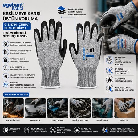10 ADET  ZEBRA NO 9 MEDİUM KESİLME DİRENÇLİ NİTRİL İŞÇİ ELDİVEN BANDI (3126)