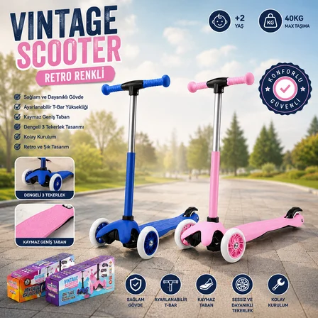 IŞIKSIZ VINTAGE SCOOTER 55X57-64-71CM RETRO RENKLİ +2 YAŞ - 40KG MAX TAŞIMA HERHANGİ BİR RENK GÖNDER