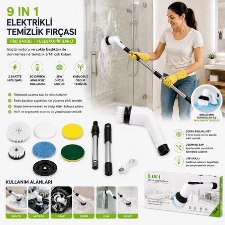 9IN1 25W - KABLOSUZ - HIZLI ŞARJ ELEKTRİKLİ ŞARJLI TEMİZLİK FIRÇASI RZG-2026 (3126)