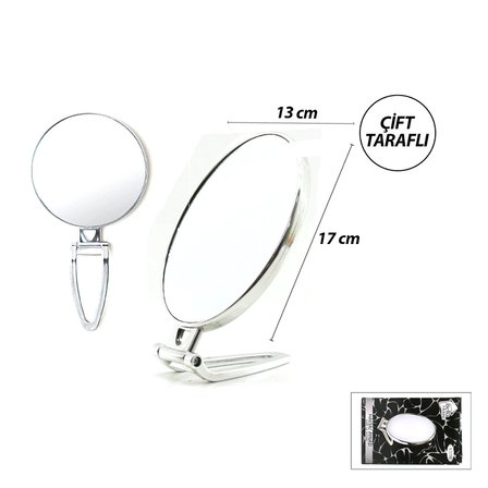 OVAL - GÜMÜŞ 6.5 INC=16.5X13CM MAKYAJ AYNASI ÇİFT TARAFLI KATLANIR AYAKLI (3126)