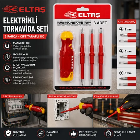 3PCS - ÇİFT TARAFLI UÇ 3MM-5MM-6MM ERGONOMİK SAP ELEKTRİKLİ TORNAVİDA SETİ LRD-144 (3126)