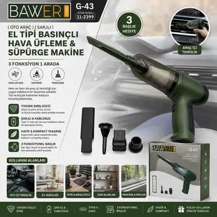 OTO ARAÇ SARJLI EL TİPİ BASINÇLI HAVA ÜFLEME - SÜPÜRGE MAKİNE 3 BAŞLIK G-43 (3126)