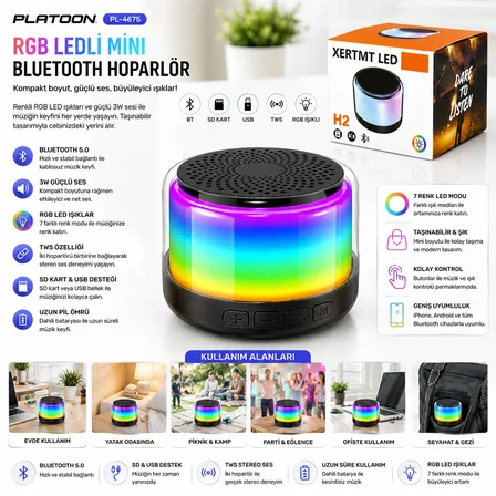 BT - SD - USB ŞARJLI RGB IŞIKLI BLUETOOTH WİRELESS SPEAKER HOPARLÖR 3W PL-4675 (3126)