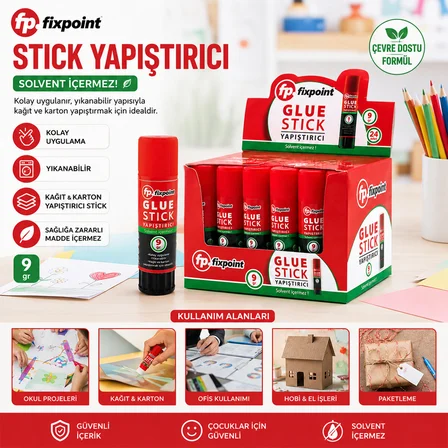24 ADET 9GR STICK YAPIŞTIRICI SOLVENT İÇERMEZ YIKANABİLİR KOLAY UYGULAMA KAĞIT - KARTON YAPIŞTIRICI 