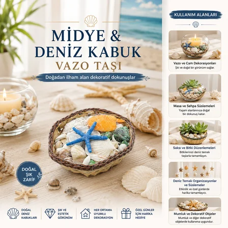 KÜÇÜK - KARE - AHŞAP SEPETLİ RENKLİ MİX MİDYE - DENİZ KABUK VAZO TAŞI (3126)