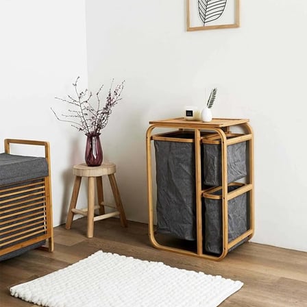 KİRLİ ÇAMAŞIR SEPETİ AHŞAP - BAMBU 3 ORGANİZER BÖLMELİ KUMAŞ ÇANTALI 50X30X70CM (3126)