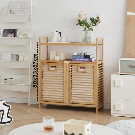 KİRLİ 2 KAT ORGANİZER RAFLI - 2 BÖLMELİ ÖNDEN ÇEK AÇ KALIN AHŞAP BAMBU KİRLİ ÇAMAŞIR SEPETİ 80X33X87
