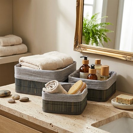 GRİ 3 BOY KARE BAMBU KENAR ORGANİZER SEPET AHŞAP ALTLIK - BEZLİ 17X21X25CM (3126)