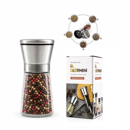 HAND GRINDER KÜÇÜK CAM HAZNELİ - KROM KAPLAMA PLS.KAPAKLI TUZ - BAHARAT ÖĞÜTÜCÜ İ22-411 (3126)