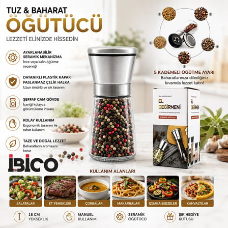 HAND GRINDER KÜÇÜK CAM HAZNELİ - KROM KAPLAMA PLS.KAPAKLI TUZ - BAHARAT ÖĞÜTÜCÜ İ22-411 (3126)