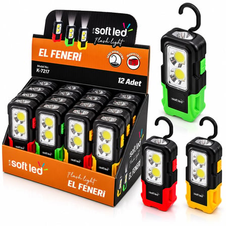 12 ADET 2IN1 SOFTLED EL FENERİ 3XAAA PİLLİ MIKNATISLI ASMA APARATI 1W LED - 3W COP LED K-7217 (3126)