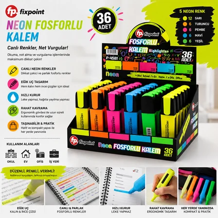 36 ADET NEON FOSFORLU KALEM - STANDLIDIR İÇİNDE 12 - SARI - 6 - TURUNCU - 6 - PEMBE - 6 - MAVİ - 6 -