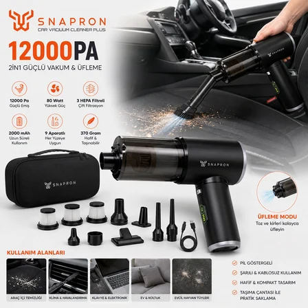 OTO ARAÇ - 2IN1 ŞARJLI 80W - 12000PA 9 BAŞLIK - 3 FİLTRE EL TİPİ BASINÇLI HAVA ÜFLEME - ARAÇ SÜPÜRGE