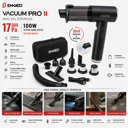 OTO ARAÇ - 2IN1 ŞARJLI 100W - 17000PA 9 BAŞLIK - 3 FİLTRE EL TİPİ BASINÇLI HAVA ÜFLEME - ARAÇ SÜPÜRG
