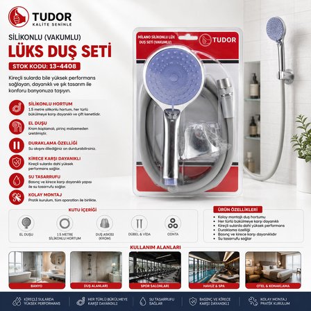 MİLANO VAKUMLU - SİLİKON LÜKS DUŞ SETİ DUŞ BAŞLIK=MİX SİLİKON HORTUM=1.5MT MAFSAL=3 KADEME (3126)
