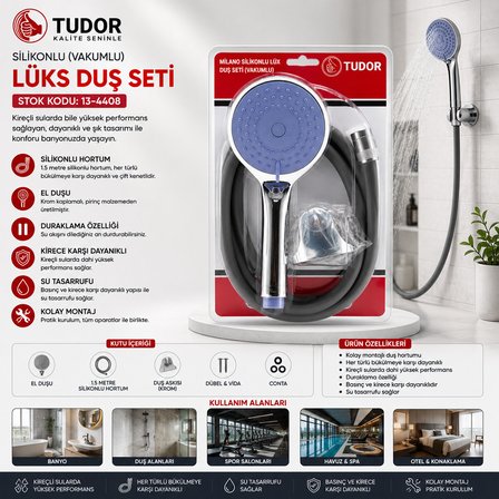 MİLANO VAKUMLU - SİLİKON LÜKS DUŞ SETİ DUŞ BAŞLIK=MİX SİLİKON HORTUM=1.5MT MAFSAL=3 KADEME (3126)