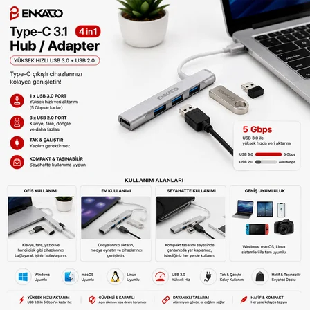 TYPE-C 3.1 GİRİŞ 4IN1 USB ÇOĞALTICI 4 ANAHTARLI PORT - HI-SPEED USB 3.0 - USB 2.0 HUB ADAPTÖR EKD-TP