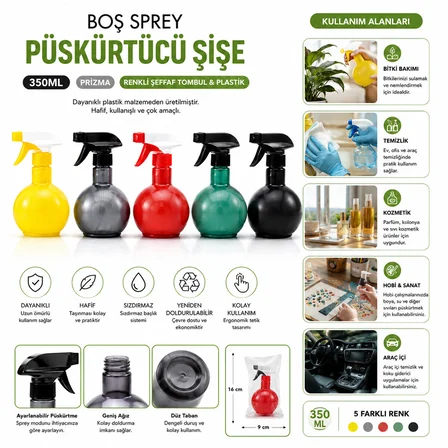 350ML PRİZMA RENKLİ ŞEFFAF TOMBUL - PLASTİK BOŞ SPREY PÜSKÜRTÜCÜ ŞİŞE (3126)