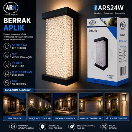 IP66 50.000 SAAT LED ÖMRÜ 22W BERRAK LED APLİK DUVAR LAMBASI ARS-348954 (3126)
