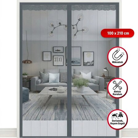 Mıknatıslı Kapı Sinekliği Gri 100x210 cm Otomatik Kapanan Manyetik Tül Sineklik (3126)