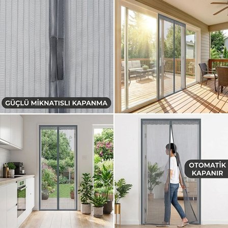 Mıknatıslı Kapı Sinekliği Gri 100x210 cm Otomatik Kapanan Manyetik Tül Sineklik (3126)