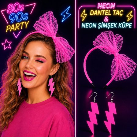 Neon Pembe Dantel Taç ve Şimşek Küpe 80&amp;apos;ler 90&amp;apos;lar Parti Seti (3126)