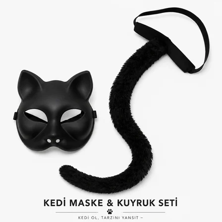 Siyah Kedi Maskesi ve Peluş Kuyruk Kostüm Seti 70 cm (3126)