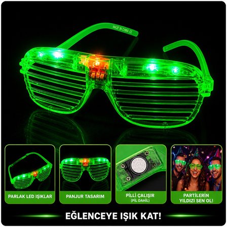 LED Işıklı Panjur Parti Gözlüğü Yeşil Renk Shutter Gözlük (3126)