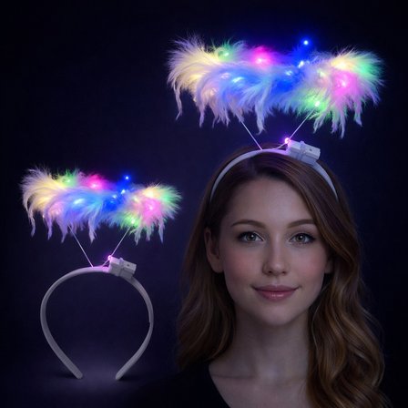 Renkli LED Işıklı Beyaz Tüylü Püsküllü Parti Tacı (3126)
