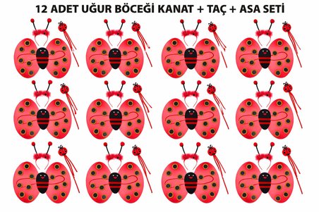 Uğur Böceği Kostüm Seti - Kanat Taç Asa 3 Parça 12 Adet (3126)