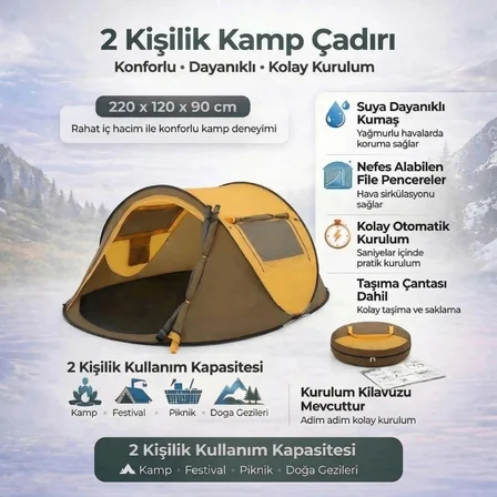 2 Kişilik Vagon Tipi Yarı Otomatik Kamp Çadırı – Çift Kapılı, Çift Pencereli, Hafif Taşınabilir Outd