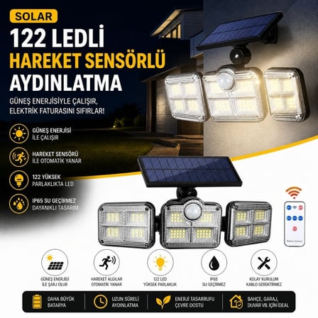 3&amp;apos;lü 122 LEDLİ Güneş Enerjili Hareket Sensörlü Aydınlatma, Dış Mekan Duvar ve Bahçe Lambası