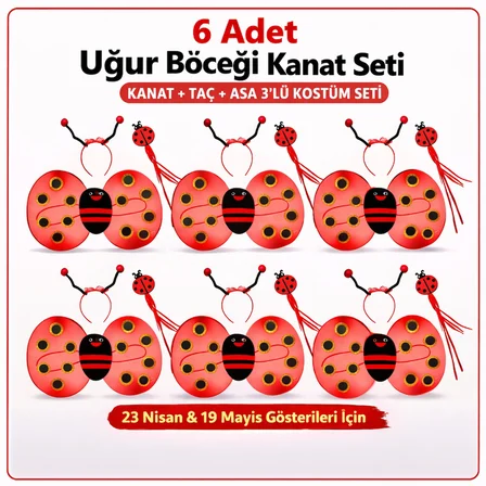 6&amp;apos;lı Uğur Böceği Ateş Böceği Kostüm Seti – Kanat Taç Asa (3126)