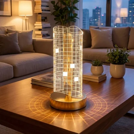Dalgalı Silindirik Kristal Kareli Model LED Masa Lambası – Gold Tabanlı, Dokunmatik, 3 Renk Işık Mod