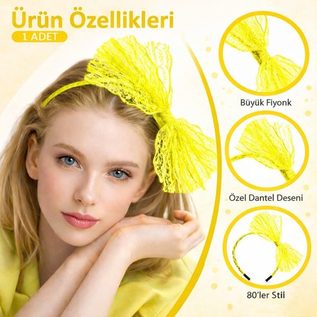 80’ler 90’lar Neon Sarı Dantel Taç Fiyonklu (3126)