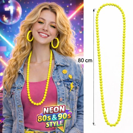 Neon Sarı Boncuk Kolye 80 cm – Retro 80’ler 90’lar Parti Aksesuarı (3126)