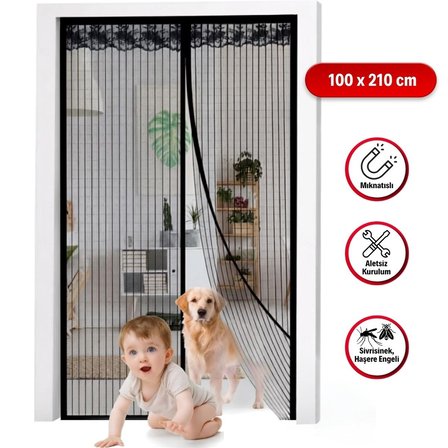 Mıknatıslı Kapı Sinekliği Siyah 100x210 cm Otomatik Kapanan Manyetik Tül Sineklik (3126)