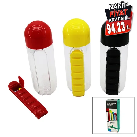 İLAÇ KUTULU PLASTİK SULUK MATARA RENKLİ BARDAK KAPAKLI 600ML (3126)