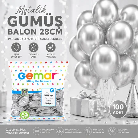 GM-110-38 METALİK - GÜMÜŞ BALON 11&amp;apos;&amp;apos; - 28CM - 100 PARÇA (3126)