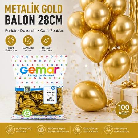 GM-110-39 METALİK - ALTIN BALON 11&amp;apos;&amp;apos; - 28CM - 100 PARÇA (3126)