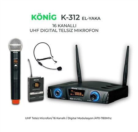 KÖNİG K-312 UHF ÇİFT KANAL 1EL+1 YAKA MİKROFON