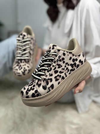 Günlük Kadın Sneaker Leopar Desenli Bağcıklı Oval Burun Yüksek Kalın Topuklu Spor Ayakkabı 313