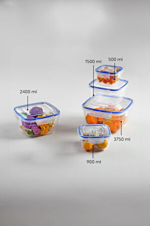 Kare 10 Parça Contalı Vakumlu Sızdırmaz Hava Almaz Saklama Kabı Seti 2x(3750/2400/1500/900/500 ml)