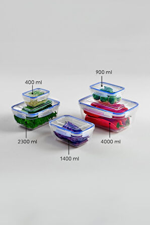 Dikdörtgen 10 Parça Contalı Vakumlu Sızdırmaz Hava Almaz Saklama Kabı Seti 2x(4000/2300/1400/900/400 Ml)