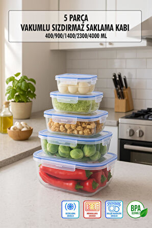 Dikdörtgen 5 Parça Contalı Vakumlu Sızdırmaz Hava Almaz Saklama Kabı Seti (4000/2300/1400/900/400 Ml)
