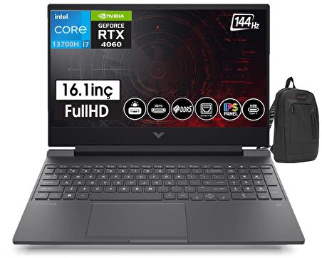 HP Victus 13. Nesil Intel i7-13700H 16GB DDR5 Ram 1tb SSD 8GB RTX4060 16,1 İnç 144Hz IPS FHD Windows11Home Taşınabilir Bilgisayar Z7P637EA11+ZettaÇanta