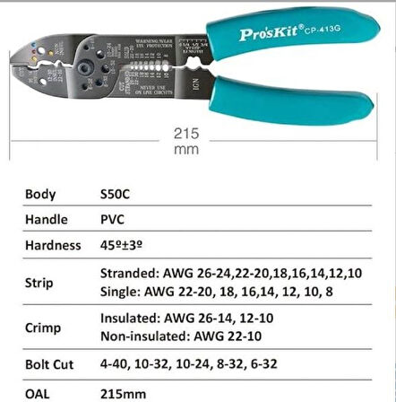 PROSKİT CP-413G Çok İşlevli Kablo Soyucu, Kesici, Terminal Sıkma Pensesi (8,5'');Proskit