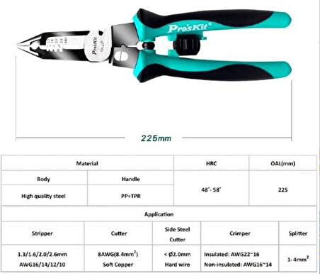 PROSKİT CP-420 Uzun Çok İşlevli Kablo Soyucu, Kesici, Terminal Sıkma Pensesi; 5in1;Proskit