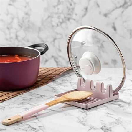 caselka® Tencere Kapak Tutuculu Kaşıklıklı Tencere Kapak Standı Pratik Kaşık Kepçe Altlık Düzenleyici