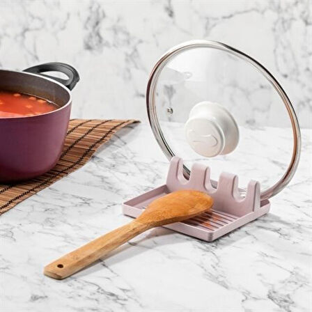 caselka® Tencere Kapak Tutuculu Kaşıklıklı Tencere Kapak Standı Pratik Kaşık Kepçe Altlık Düzenleyici